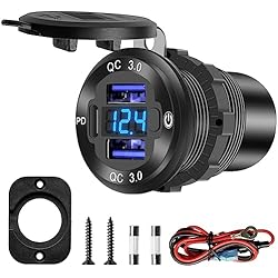 Cargador Usb Y Encendedor Para Moto Cargador Coche,Toma De Encendedor,Quick Charge 3.0 Enchufe USB Doble,20W Type C Cargador de Coche,con Interruptor y LED Indicador Impermeable Voltímetro 12V / 24V para Cámper Moto Autocaravana