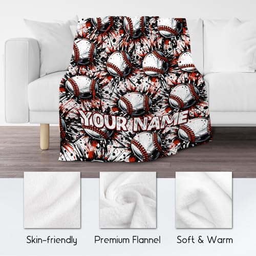 Custom Baseball Blanket, Cozy Soft Throw Gifts for Mens, Cool White Flannel Throw Blankets for Bed Couch, 60x80 Inches