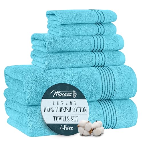 Mocassi Luxury 100% Turkish Cotton 6-Piece Towel Set - Ultra Soft, Quick Dry Highly Absorbent Premium Spa Hotel Quality Bath Towels, Includes 2 Bath Towels, 2 Hand Towels and 2 Washcloths, Aqua