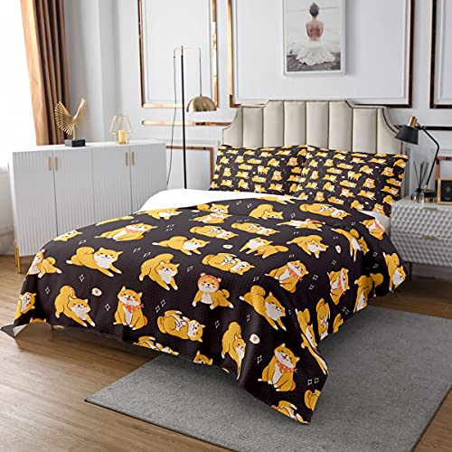 Erosebridal Cute Shiba Inu Bedspread Puppy Dog Quilted for Kids Boys Girls Cute Yellow Dog Coverlet Set Decor Cartoon Farmhouse Pet Animal Pattern Bedspread Quilt Set,Grey Bedspread Twin Size