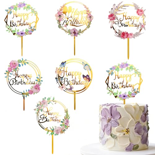 DIELOVEHUA 6 peças Happy Birthday Cake Topper, acrílico Glitter Cupcake Topper, decoração para bolos com borboletas e flores, para aniversários, Baby Showers, casamentos, aniversário (A)