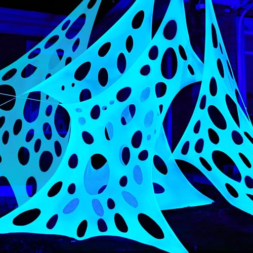 Image of JOYIN 1000sqft Halloween Spider Web Decoration Outdoor, Glow-in-the-Dark Giant Spiderweb, DIY Stretchy Flexible Beef Netting in White (Blue at Night) for Neon Decor Indoor Party Haunted House Prop