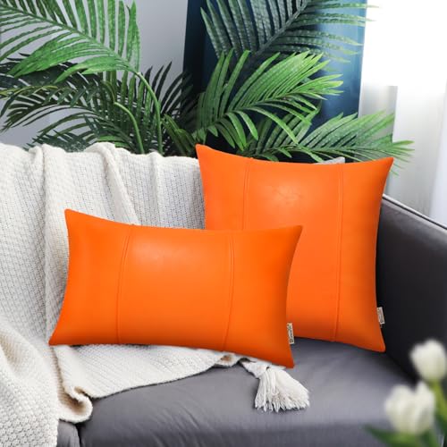 Image of BRAWARM Orange Leather Throw Pillow Covers 12 X 20 Inches - Faux Leather Lumbar Pillow Cover with Piping, Hand Stitched Leather Throw Pillow for Couch Sofa Bed Living Room Home Decorative