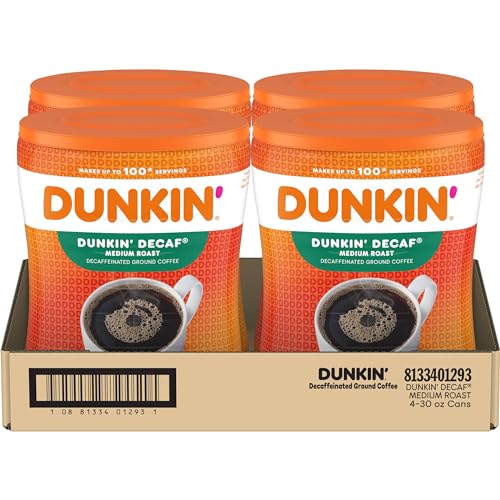 Dunkin’ Decaf Medium Roast Ground Coffee, 30 Oz. Canisters (Pack of 4)