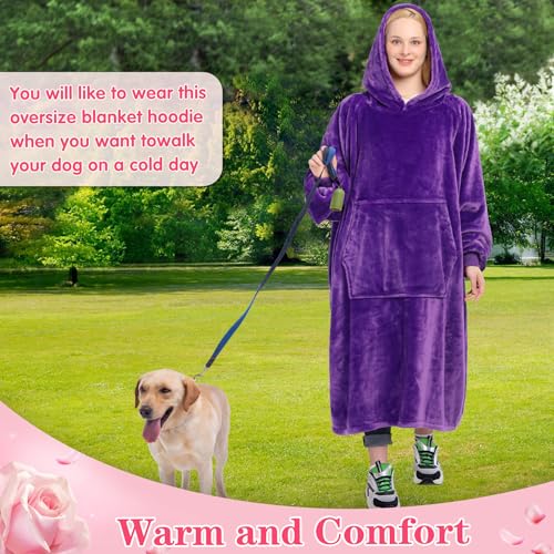 Image of Waitu Wearable Blanket Sweatshirt Gifts for Women and Men, Warm and Cozy Giant Blanket Hoodie, Thick Flannel Blanket with Sleeves and Giant Pocket - Violet