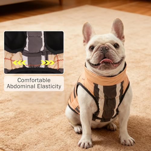 Image of SCENEREAL Winter Dog Vest Coat with Harness Built in | Warm Puppy Jacket, Cold Weather Coat with Zipper, Fleece Puffer Vest Windproof Snow Clothes, Beige Plaid M