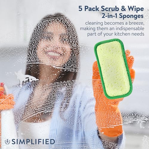 Image of Simplified 5-Pack Scrub & Wipe 2-in-1 Dishwashing Sponges - Non-Abrasive Cleaning Sponges, Double-Sided - Safe for Dishes, Non-Stick Pans or Glassware, Absorbent Dish Sponges, Green Leaves