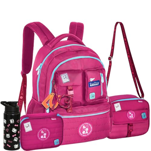 Kit Mochila Escolar Luluca com Estojo, Lancheira e Garrafa, Rosa Lu24636
