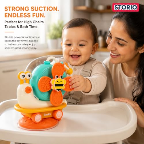 Image of Storio 5-in-1 Baby Suction Spinner Toy, Interactive Learning Set with Rattle and Sensory Play, for 6+ Months Kids - Orange & Cream