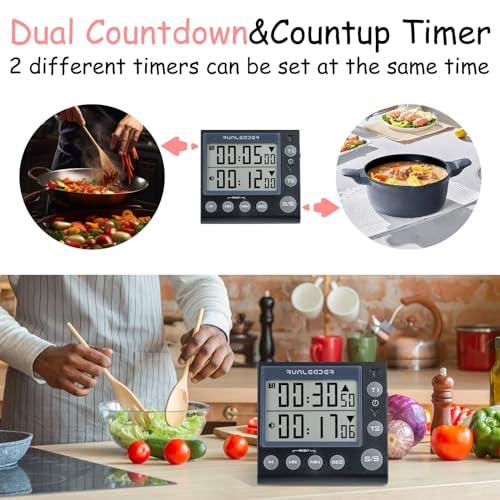 NInE-ROnG 2-Channel Countdown Countup Timer with 12H/24H Clock Kitchen Magnetic Timer Digital Minute/Second Timer Desk Clock Electric Clock Stopwatch Timer for Cooking Meeting(Black) - Image 2