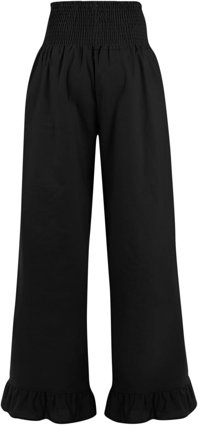 Woman Fashion Ruffle Hem Pant Smocked Elastic High Waist Long Pants for Women Linen Spring Fall Trousers