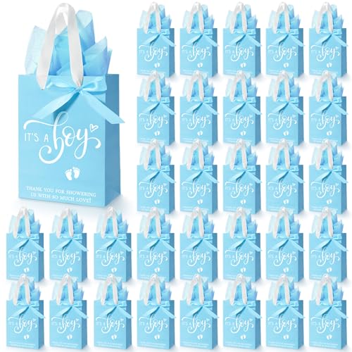 Sac cadeau bébé garçon bleu avec papier de soie pour baby shower et baptême