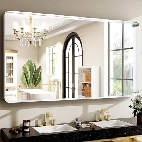 Easly 48 x 30 Inch Silver Bathroom Mirror, Rectangular Wall Mounted Shatterproof Mirror, Aluminum...