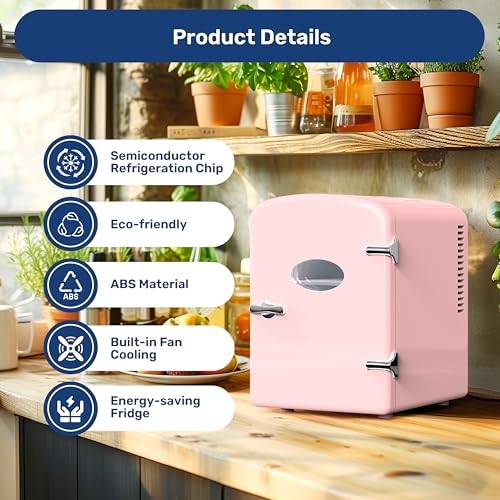 Image of HealSmart Mini Fridge Portable 6 Liter /9 Can with Observation Window, Cooler&Warmer Small Desk Compact Refrigerator for Skin Care, Cosmetics, Beverage, Food in Bedroom, Car, Office, Dorm, Pink
