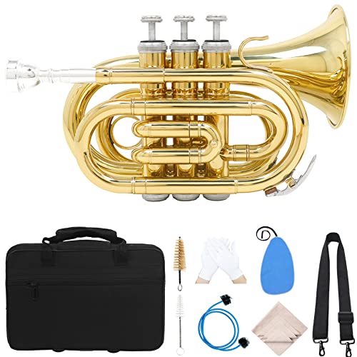 Eb Pocket Trumpet Pocket Cornet With Light Rectangular Case, Professional Mini Trumpet Instrument Full Kit, Finish Lacquer Musical Instrument E Flat Pocket For Beginner/Students/Performance #TOP7