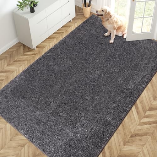 PURRUGS Easy Care Area Rug 4.5ft x 7ft, Non-Slip Washable Entryway Rug, Dog Door Mat, Stain Resistant Accent Rug for Hallway, Living Room, Bedroom and Mudroom, Light Grey-Dark Grey