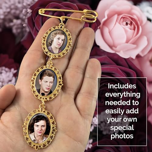 Wedding Bouquet Memorial Remembrance Photo Charm Bright Gold Holds 3 Pictures for Bride's Flowers or Groom's Boutonniere with Photo Resizer2
