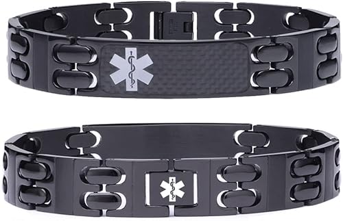 Miniatura 2 de LinnaLove - Pulsera de alerta médica para hombre, grabado gratis, acero inoxidable ajustable, fibra de carbono, pulsera de identificación médica