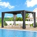 LVUYOYO 10' x 13' Louvered Pergola, Outdoor Aluminum Pergola with Adjustable Roof, Waterproof Metal Gazebo with Curtains and Netting for Patio, Backyard, Garden, Deck (Black)