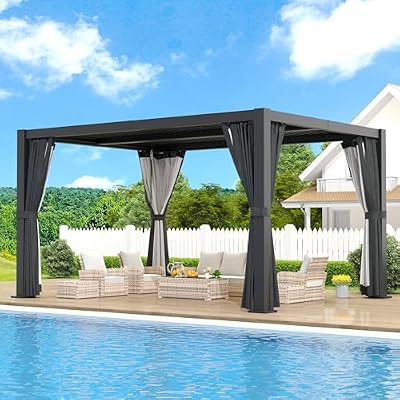 LVUYOYO 10' x 13' Louvered Pergola, Outdoor Aluminum Pergola with Adjustable Roof, Waterproof Metal Gazebo with Curtains and Netting for Patio, Backyard, Garden, Deck (Black)