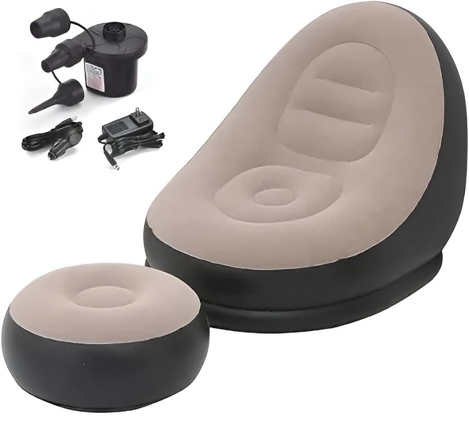 EC Inflatable Sofa Chair with Footstool & Air Pump | 1 Seater Portable Couch Lounger for Indoor & Outdoor Use | Living Room, Bedroom, Balcony, Garden Recliner | PVC Material | Multicolor/Brown-picture-11