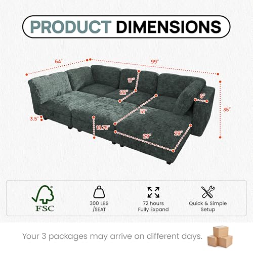 Image of 99 inch Modular Sectional Chenille Sofa bed with Hidden Storage, Comfy Modern 6 Seater Oversized Deep Seat Couch, Modular Sectional with Ottoman and Removable Cover for Living Room, Apartment, Green