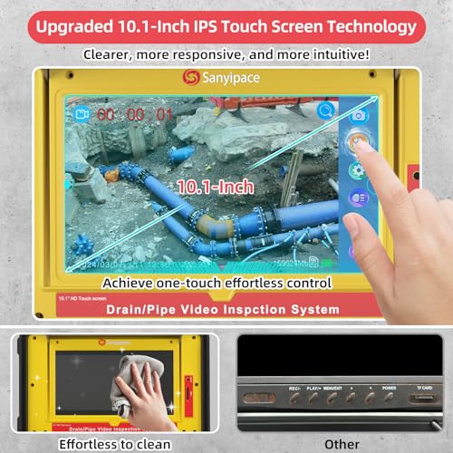 Image of Sanyipace 7MM Sewer Camera, 512Hz Sonde Drain Camera, Self-Leveling Pipe Camera for Plumber, 10.1 inch Touch Screen, 165FT /50M Borescope Inspection Camera, Distance Counter, Waterproof Plumbing Camera