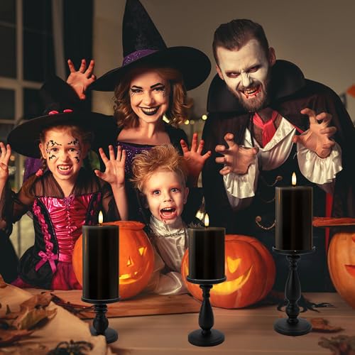 Image of Black Flameless Candles, Halloween Candles with Remote, Battery Operated Gothic LED Candles, Real Wax Flickering Flameless Pillar Candles for Home, Party, Halloween, 3 Pack