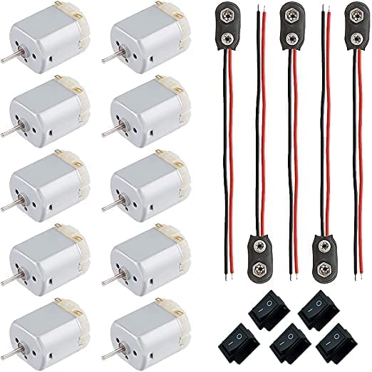 S P 10 Pcs Micro DC Motors Kit, DC 1.5-6V DC Motor + 5Pcs 9V Battery Connector + 5Pcs ON/Off Toggle Switch, for DIY Toys Science Projects