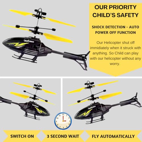 Image of Gravity Sensor Helicopter Toy for Boys with Safety Sensor, Indoor Palm Sensing, Rechargeable with LED Lights I Pack of 1 (Black YEL Gun)