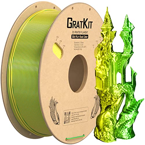 Gratkit Silk Dual Color PLA Filament, Coextrusion PLA Filament 1.75mm, +/-0.03mm, 1KG/Roll, Silk PLA Yellow & Green