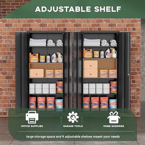 Image of Greenvelly Metal Storage Cabinet with Wheels, 73 inch Black Lockable Rolling Storage Cabinets with Doors and 4 Adjustable Shelves, Large Steel Cabinet for Garage, Office, Home, School