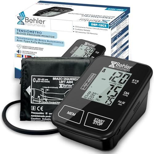 Tensiometro Brazo Digital Behler BDP 12C3 Automático – Medidor de Tensión Arterial con Voz (ES/FR/DE/EN) – Brazalete 22 42 cm – Detección de Arritmias y Promedio