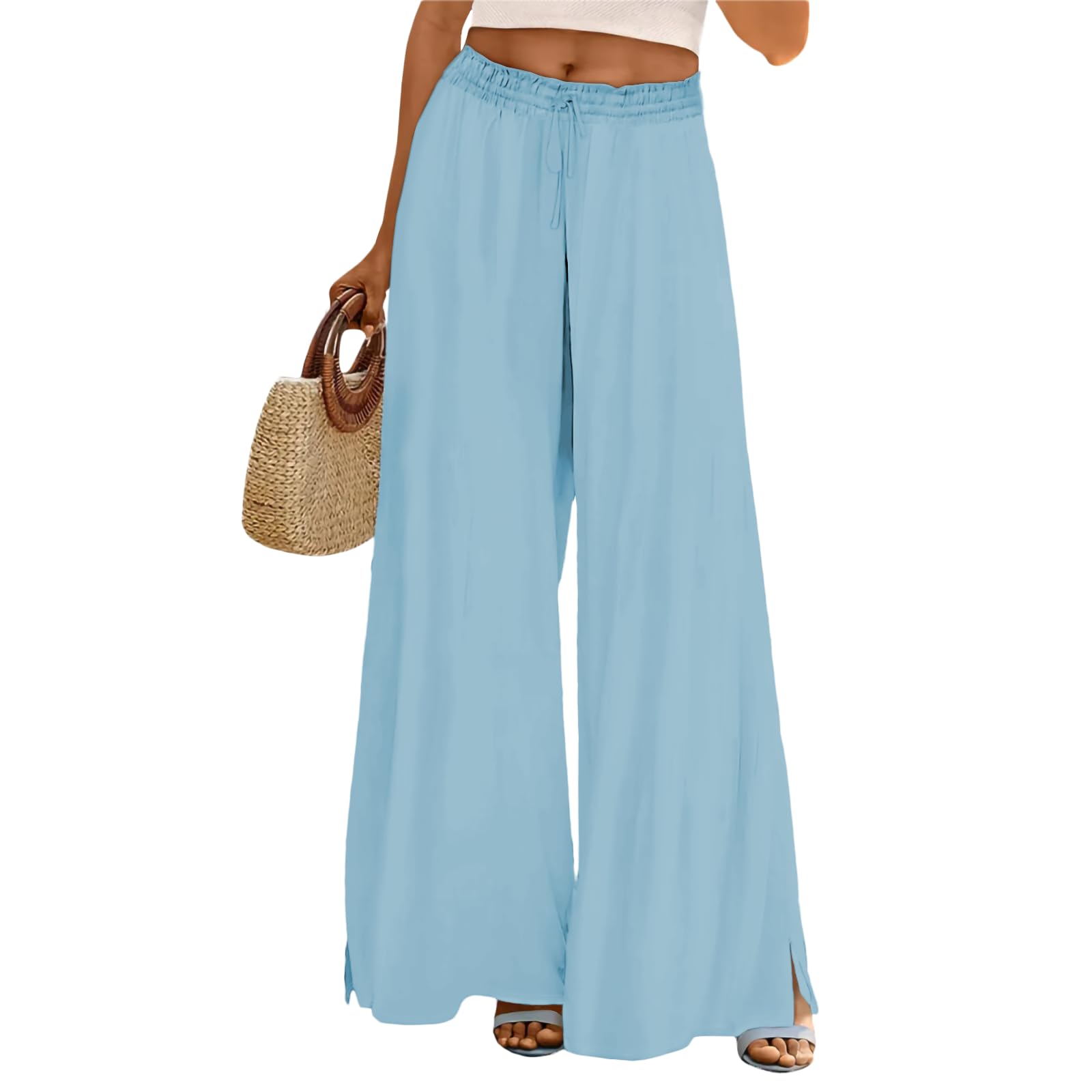 Womens High Waisted Wide Leg Pants Casual Flowy Trousers with Pockets Casual Boho Pants