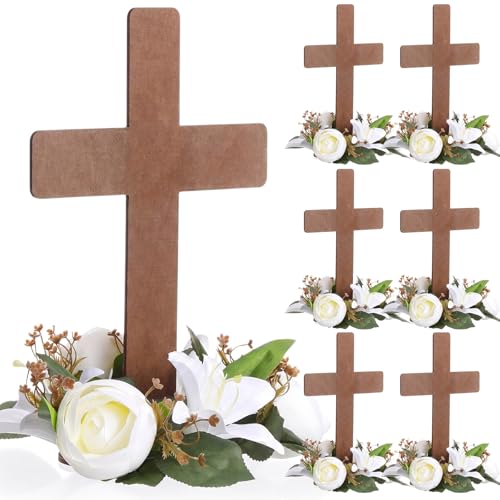 Rivvlive 6 Sets Baptism Centerpieces Table Decorations First Communion Wooden Cross Ornament Set with Lily Candle Ring Wreath Purple Ribbon with Stands for Baptism Baby Shower Wedding (Dark Brown)