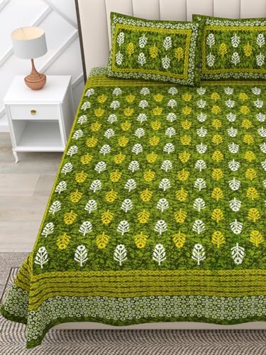 Image of RajasthaniKart Pure 100% Cotton Double Bed Sheet with 2 Pillow Covers (Bedsheet for Double Bed Cotton, Green Small Booty Jaipuri, King Size,5300)