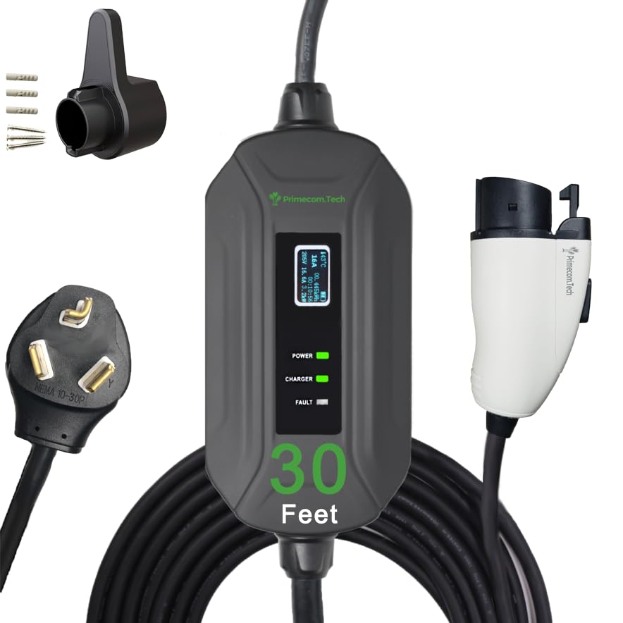 PRIMECOM Level 2 EV Charger 220/240V, 16A, 30ft & 50ft, Portable EVSE Electric Vehicle Charging Cable Compatible with Bolt Volt Leaf BMW i3 Fiat 500e Clarity NIRO Prius (10-30P, 30 Feet)