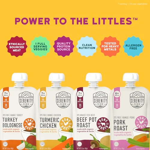 Image of Serenity Kids Bone Broth Protein Baby Food Pouches, 3.5 Oz, 24 Pack | No Added Sugar, Savory, Protein & Fat Forward, Meat-Based, Organic Baby Snacks, Toddler Food, Toddler Snack