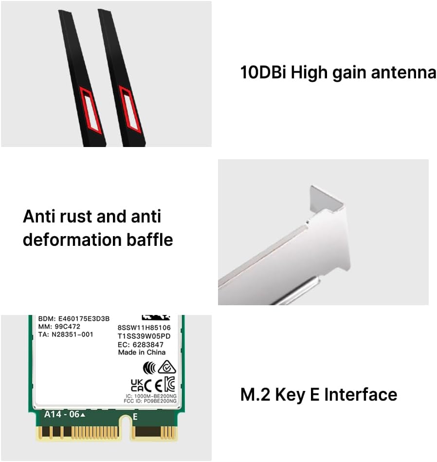 BE200 WiFi 7 Desktop Kit, Tri-Band 6GHz/5GHz/2.4GHz BT 5.4, 802.11be M.2 NGFF Key E Wireless WiFi Card for Windows 10/11 (Not Support AMD) - with High-Gain Antennas, Low Profile Bracket