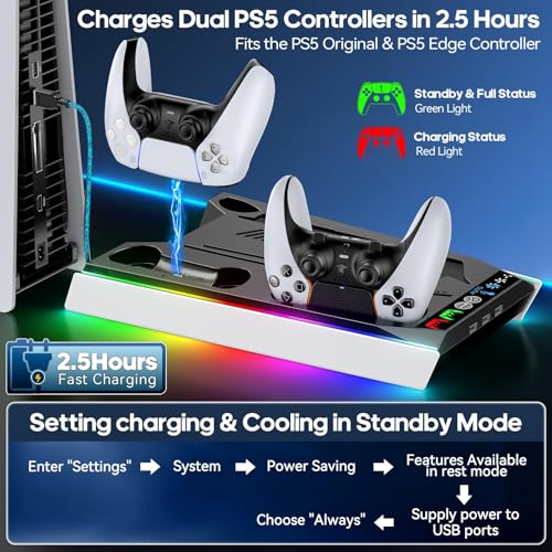 Image of PS5 /PS5 Slim Stand with Automatically Adjustable 3-Level Fan for All PS5 Consoles, PS5 Stand with RGB Light and Controller Charging Station for PS5 & Edge Controller, PS5 Accessory Set