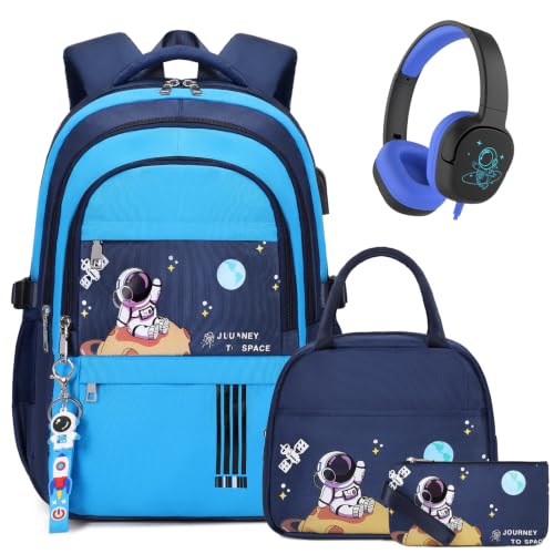 Image of ACESAK Backpack for Boys with Wired Headphones,Insulated Lunch Bag & Pencil Case, Boys Backpack Lightweight with 3.5mm Corded Headphones for School Kids Children Kindergarten Elementary(Dark Blue)