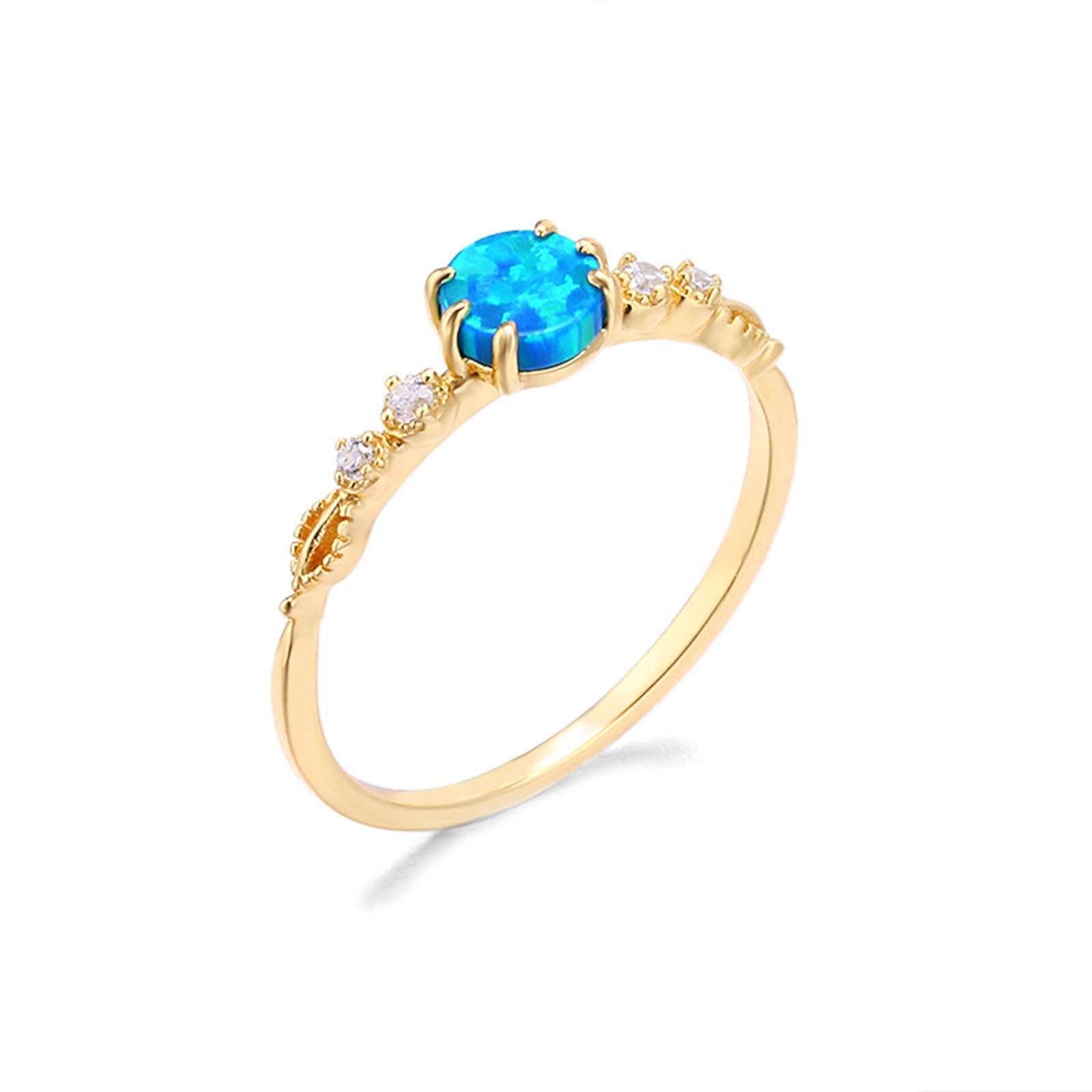 Alianzas auténticas de oro de 9 K/14 K/18 K con ópalo azul en 6 garras