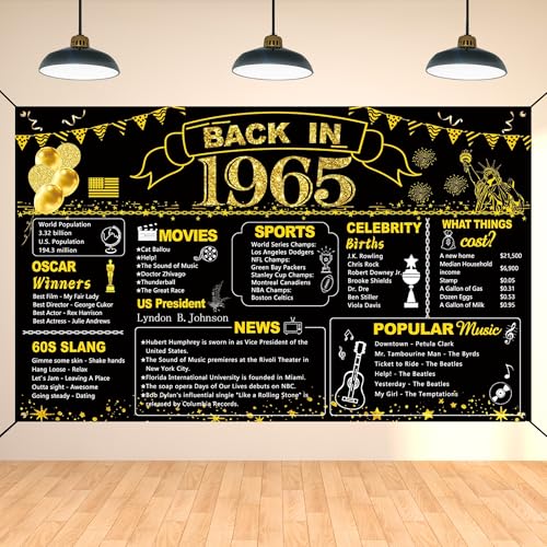 DARUNAXY 61st Birthday Black Gold Party Decoration, Back in 1965 Banner 61 Year Old Birthday Party Poster Supplies Vintage 1965 Backdrop Photography Background for Men & Women 61st Class Reunion Decor