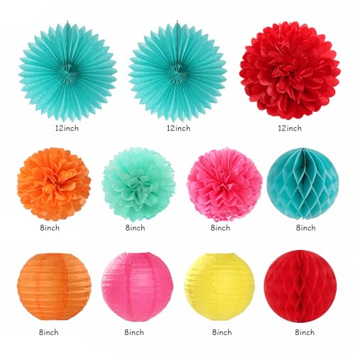 Image of Summer Luau Hawaiian-Beach Party-Decorations Supplies - 21pcs Hello Banner,Pool Paper Lanterns Honeycomb,Hanging Streamers Garland,Tissue Pom Poms Flowers Fans,Tropical Outdoor Theme Decor Burgleda