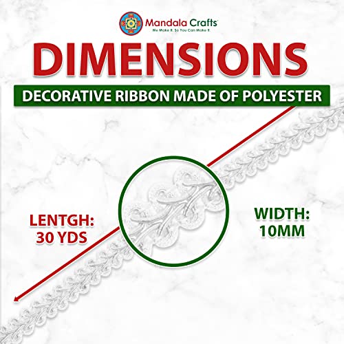 Mandala Crafts White Gimp Braid Trim Roll - 3/8 In 30 Yds Flat Fabric French Braided Trim Ribbon - White Trim By The Yard For Sewing Upholstery Curtain #TOP3