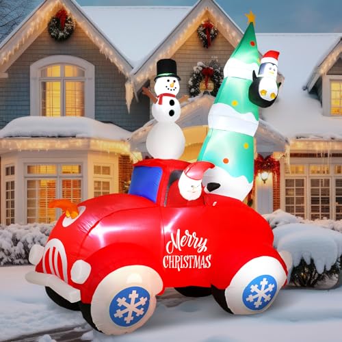 8フィート インフレータブル サンタクローストラック アウトドア装飾 爆発クリスマスツリーヤード LED装飾 雪だるま ペンギン 赤いトラックにLED内蔵 クリスマス 冬 休日 パティオ 庭 芝生用