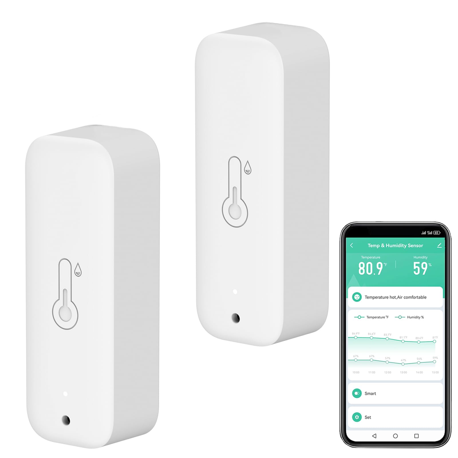 Thermomètre hygromètre sans fil, Smart humidité et de température avec surveillance à distance via app,capteur d'humidité et de température intérieur avec exportation des données,compatible Alexa.2PCS