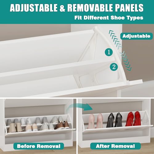 Image of Shoe Cabinet for Entryway with 3 Flip Drawers, White Tall Wood Shoe Storage Cabinet with Coat Rack, Narrow Hidden Slim Freestanding Shoe Rack Organizer, 2 in 1 Hall Tree for Living Room, Hallway