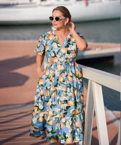 Image of TIYOMI Women Plus Size Dress Boho V Neck Short Sleeve Beach Maxi Dresses Floral /Stripe /Leaves /Lemon XL-5XL