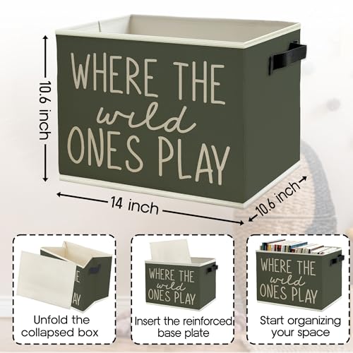 Image of Olive Green Boho Classroom Storage Bins Box with Handles, Where the Wild Ones Play Collapsible Basket Organizer for Kids Playroom Nursery Bedroom Bathroom Books Clothes